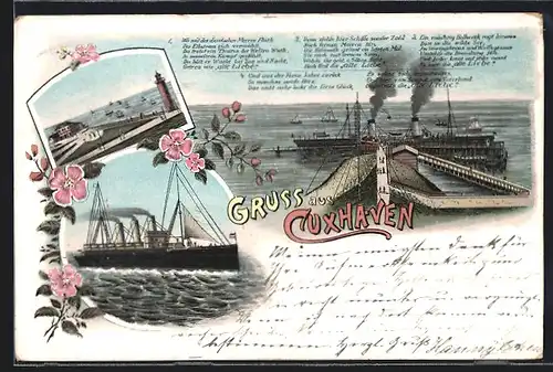 Lithographie Cuxhaven, Dampfer, Promenade, Hafenansicht