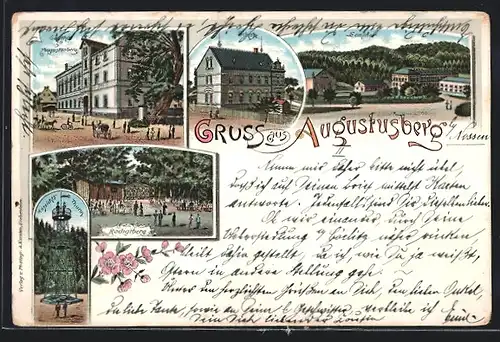 Lithographie Augustusberg, Gasthof zu Augustusberg, Schule, Seminar