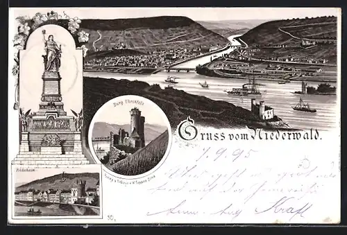 Vorläufer-Lithographie Rüdesheim / Rhein, 1895, Burg Ehrenfels, Niederwald-Denkmal, Gesamtansicht