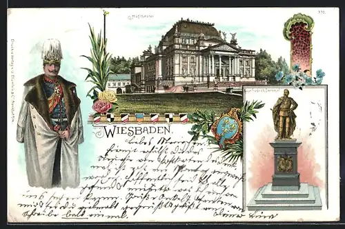 Lithographie Wiesbaden, Kaiser Friedrich Denkmal, Hoftheater