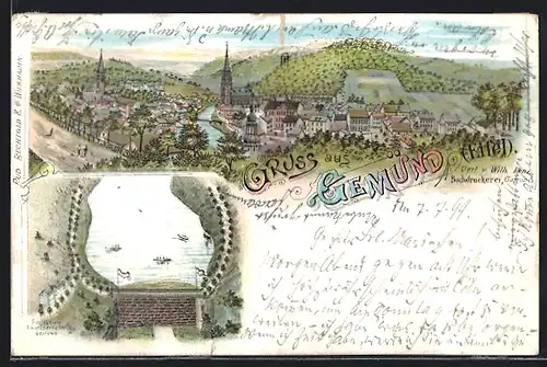 Lithographie Gemünd / Eifel, Talsperre, Gesamtansicht