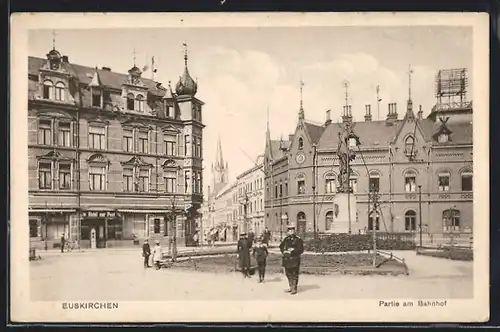 AK Euskirchen, Denkmal und Hotel zur Post beim Bahnhof