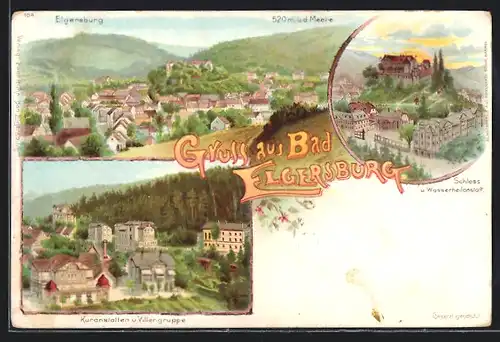 Lithographie Bad Elgersburg, Kurhotel und Villengruppe, Schloss und Wasserheilanstalt