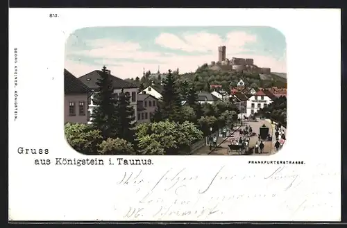 Lithographie Königstein im Taunus, Frankfurterstrasse mit Burg