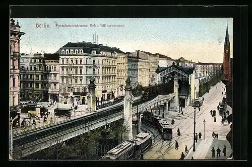 AK Berlin, Bülowstrasse Ecke Potsdamerstrasse mit Strassenbahnen und U-Bahnhof