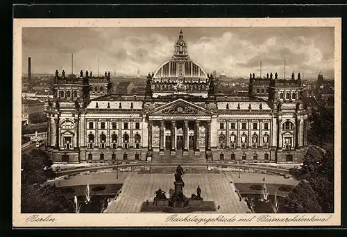 AK Berlin-Tiergarten, Reichstagsgebäude mit Bismarckdenkmal