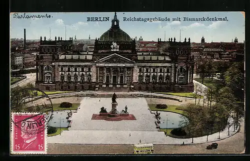 AK Berlin, Reichstagsgebäude mit Bismarckdenkmal