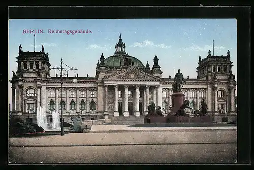 AK Berlin-Tiergarten, Reichstagsgebäude mit Bismarck-Denkmal