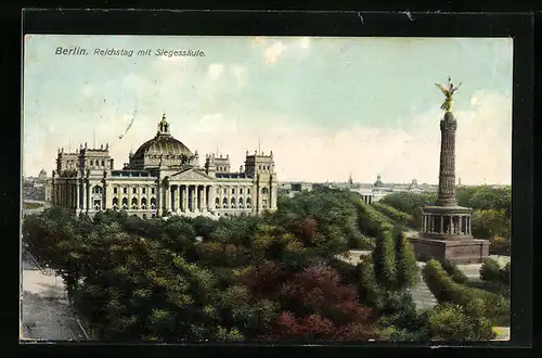 AK Berlin, Reichstag und Siegessäule aus der Vogelschau