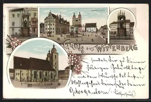 Lithographie Wittenberg, Stadtkirche, Marktplatz, Luther-Denkmal