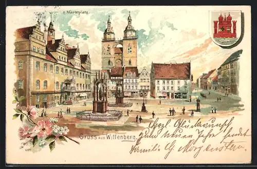 Lithographie Wittenberg, Passanten auf dem Marktplatz, Wappen