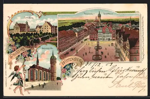 Lithographie Wittenberg, Panorama v. Stadtturm, Lutherhaus, Schlosskirche