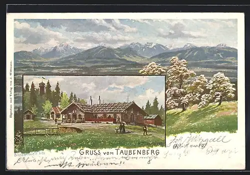 Künstler-AK Rudolf Reschreiter: Warngau, Gasthaus auf dem Taubenberg, Bergpartie