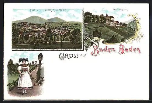 Lithographie Baden-Baden, Aussicht v. u. Griech-Russ. Kapelle, Ebersteinschloss, Frau in Tracht