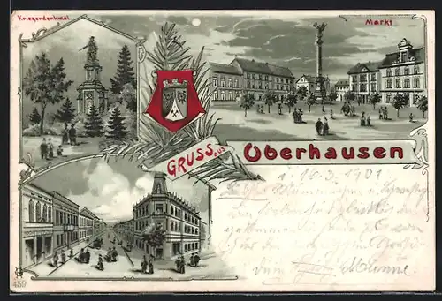 Lithographie Oberhausen, Markt und Kriegerdenkmal
