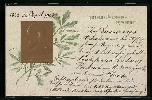 Präge-AK Grossherzog Friedrich von Baden, gerahmt von Eichenlaub und Lorbeer