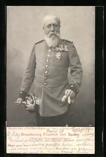AK Grossherzog Friedrich von Baden, in Uniform mit Pickelhaube gesehen