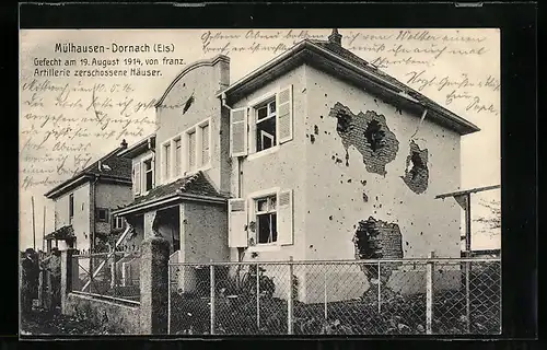 AK Mühlhausen-Dornach, von franz. Artillerie zerschossene Häuser, Gefecht 19.08.1914