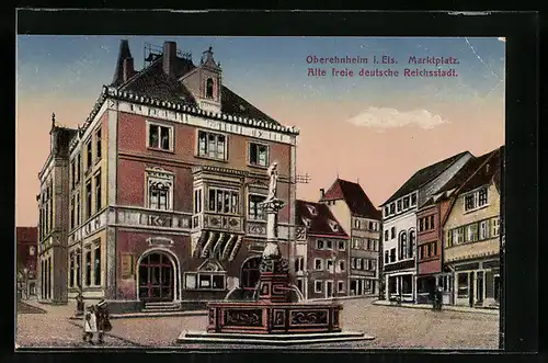 AK Oberehnheim i. Els., Marktplatz mit Ladengeschäften und Brunnen