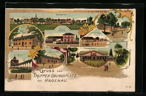 Lithographie Oberhofen, Truppenübungsplatz, Bahnhof, Wirtschaften, Pavillon