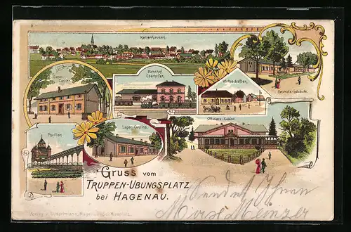 Künstler-AK Hagenau, Truppen-Übungsplatz, Wirtschaften, Offiziers-Casino, Lager-Cantine