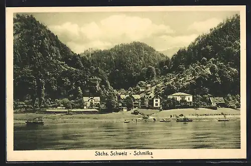 AK Schmilka /Sächs. Schweiz, Blick von der Elbe auf den Ort