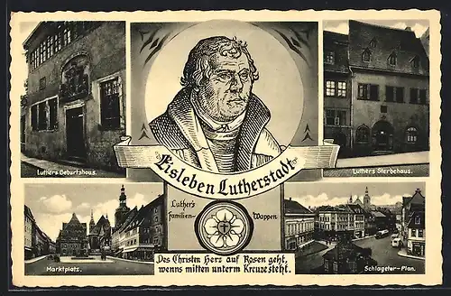 AK Eisleben, Luthers Geburtshaus, Luthers Sterbehaus, Marktplatz, Schlageter-Plan