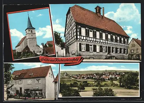 AK Kochersteinsfeld, Kirche, Geschäft, Ortsansicht