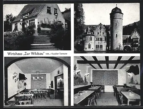 AK Mespelbrunn /Spessart, Gasthaus zur Wildsau, Innenansicht und Burganlage