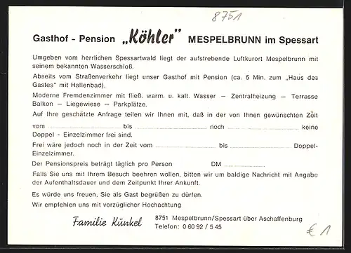AK Mespelbrunn im Spessart, Gasthof Pension Köhler