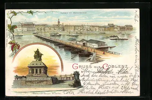 Lithographie Coblenz, Totalansicht mit Pontonbrücke, Denkmal Kaiser Wilhelm I.