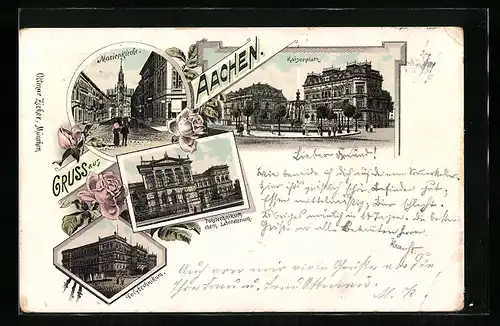 Lithographie Aachen, Kaiserplatz, Polytechnikum, Marienkirche