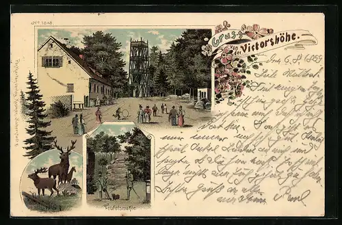 Lithographie Gernrode, Gasthof u. Turm auf der Victorshöhe, Teufelsmühle, Hirsche