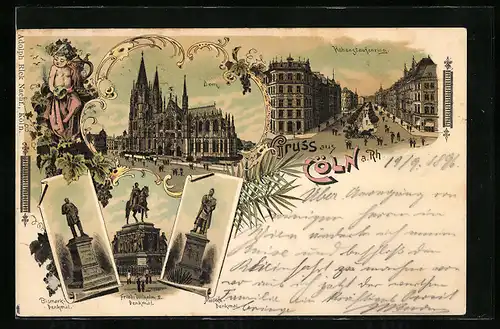 Lithographie Köln a. Rh., Dom, Strasse Hohenstaufenring, Bismarck-Denkmal