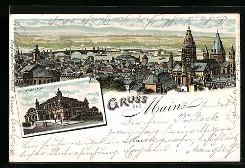 Lithographie Mainz, Stadthalle, Totalansicht mit Brücke