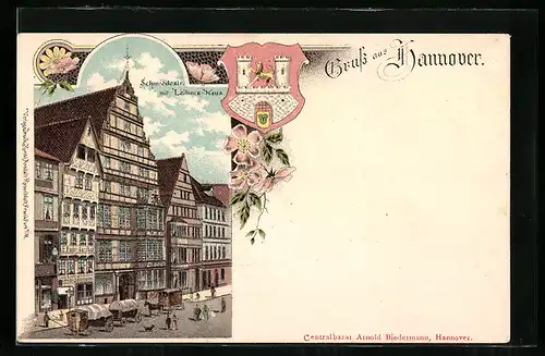 Lithographie Hannover, Schmiedestrasse mit Leibniz-Haus, Stadtwappen