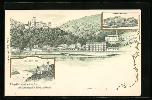 Lithographie Stolzenfels, Ortspanorama, Ehrenbreitstein, Burg Stolzenfels