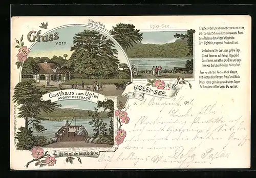 Lithographie Eutin, Gasthaus zum Uglei A. Holzbach, Seepartie, Angelbrücke