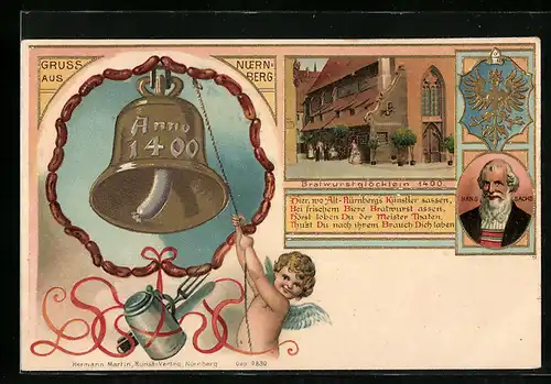 Lithographie Nürnberg, Gasthaus Bratwurstglöcklein, Hans Sachs-Portrait, Engel läutet eine Glocke