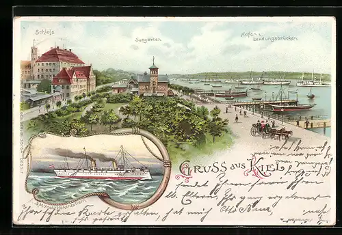 Lithographie Kiel, Hafen und Landungsbrücken mit Schloss und Seegarten, Yacht Hohenzollern