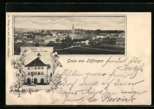 AK Löffingen, Rathaus und Kriegerdenkmal, Ortsansicht aus der Vogelschau