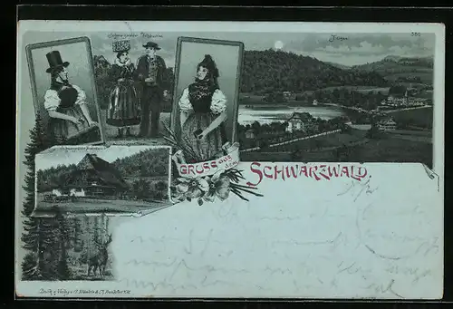 Mondschein-Lithographie Titisee, Schwarzwälder Bauernhaus und Trachten, Ortsansicht