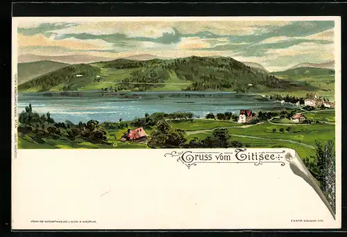Lithographie Titisee, Totalansicht mit Kirche