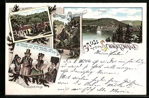 Lithographie Titisee /Schwarzw., Hirschsprung i. Höllenthal, St. Ottilien, Schwarzwaldtrachten