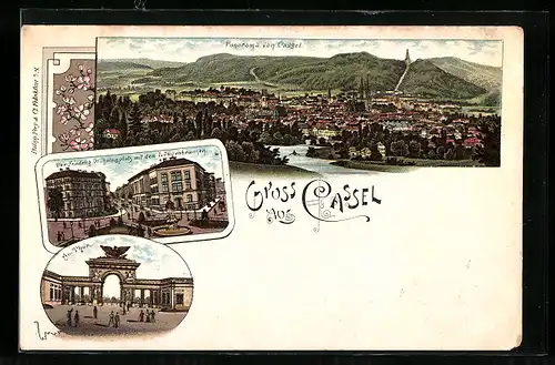 Lithographie Kassel, Gesamtansicht, Au-Thor & Friedrich-Wilhelmplatz mit Löwenbrunnen