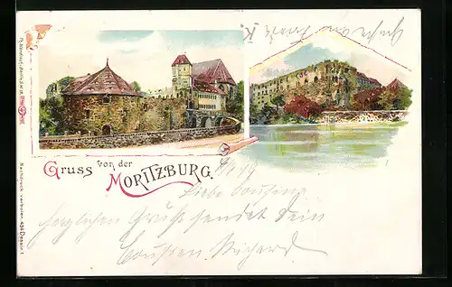 Lithographie Moritzburg, Blick zum Jagdschloss