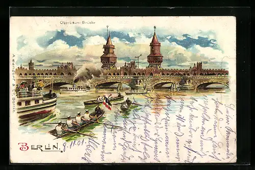 Lithographie Berlin-Friedrichshain, Oberbaum-Brücke, Dampfer auf der Spree