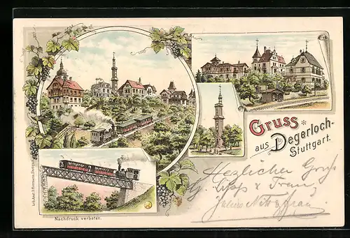Lithographie Degerloch-Stuttgart, Teilansichten, Turm, Eisenbahn