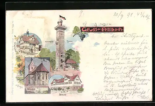 Lithographie Fellbach, Kernen-Turm, Kirche, Schule