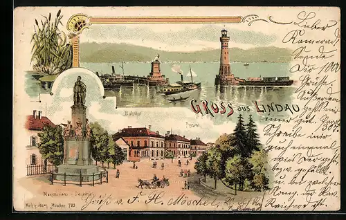 Lithographie Lindau, Maximilians-Denkmal, Bahnhof, Postamt, Hafenpartie